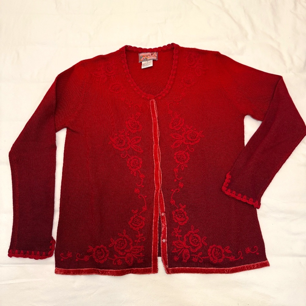 Vintage April Cornell Ombre Sweater, Embroidery & Ribbon Trim Small Romantic